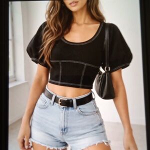 Free People Cropped Classic With Bold White Stitching Fitted Baloon Sleeves L